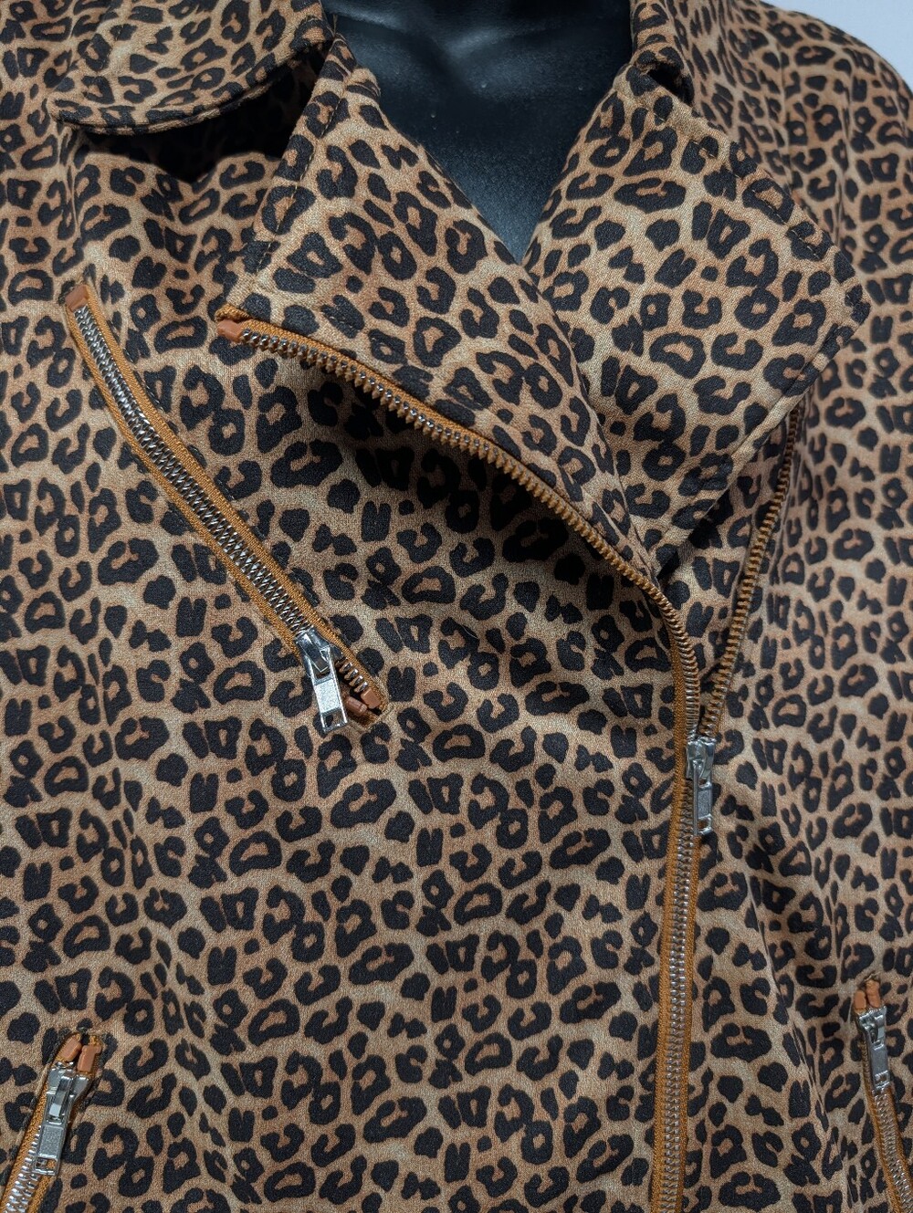 Women's Leopard Print Biker Jacket Brown/Black Size 2XL Full Zip Lined - Picture 6 of 8